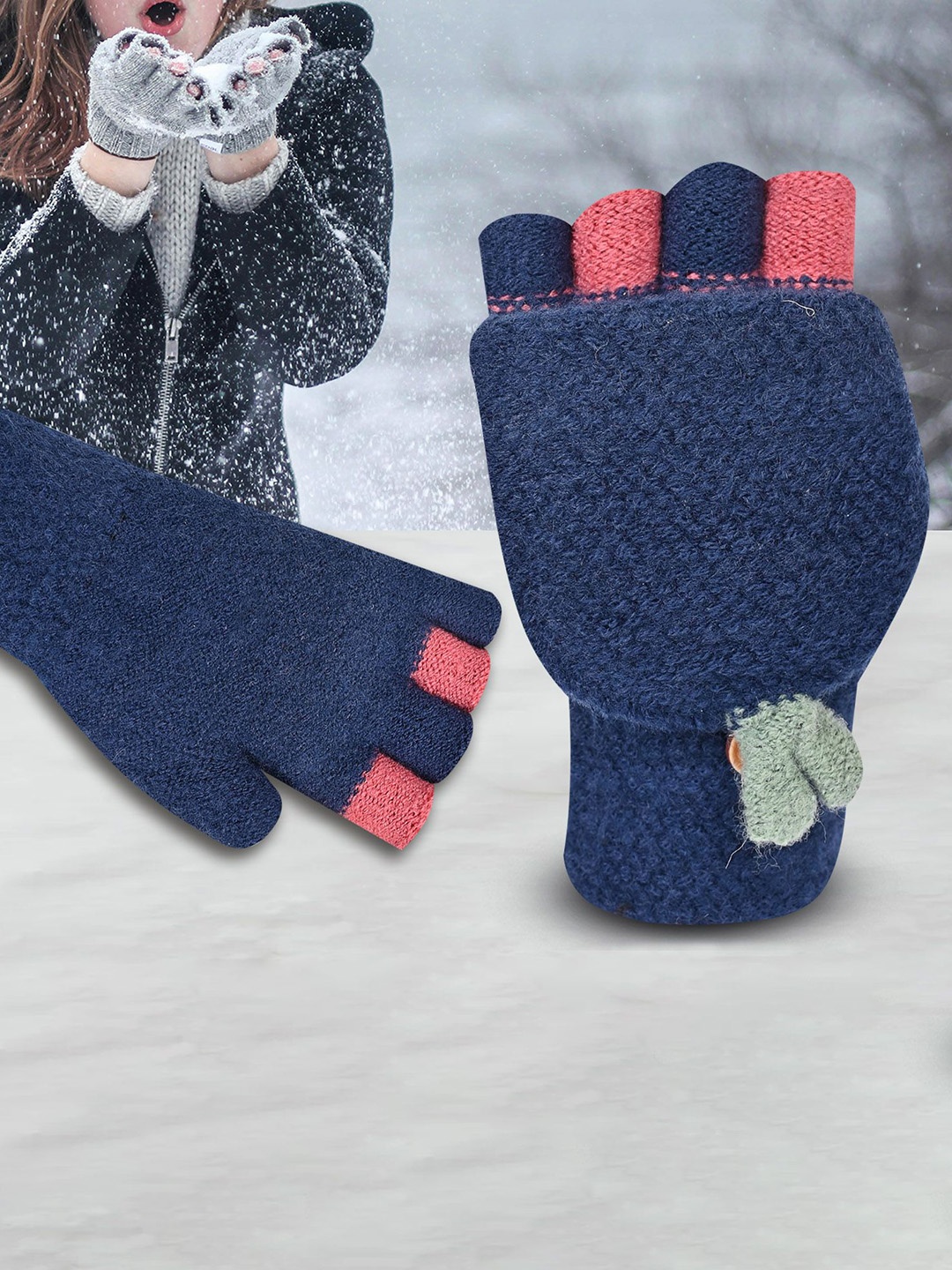 

LOOM LEGACY Women Acrylic Fingerless Gloves, Navy blue
