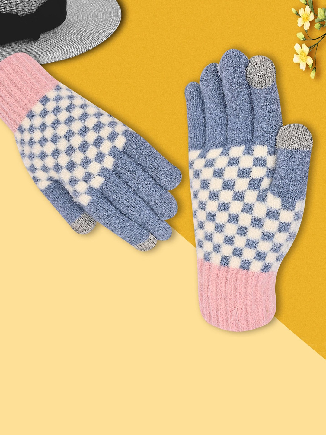 

LOOM LEGACY Women Checked Acrylic Touchscreen Gloves, Blue