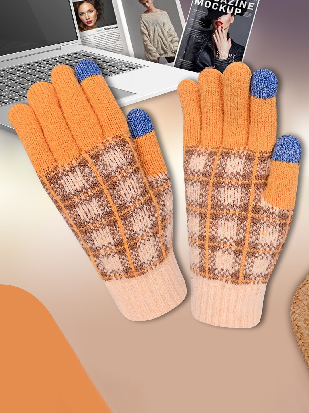 

LOOM LEGACY Women Checked Acrylic Touchscreen Gloves, Yellow