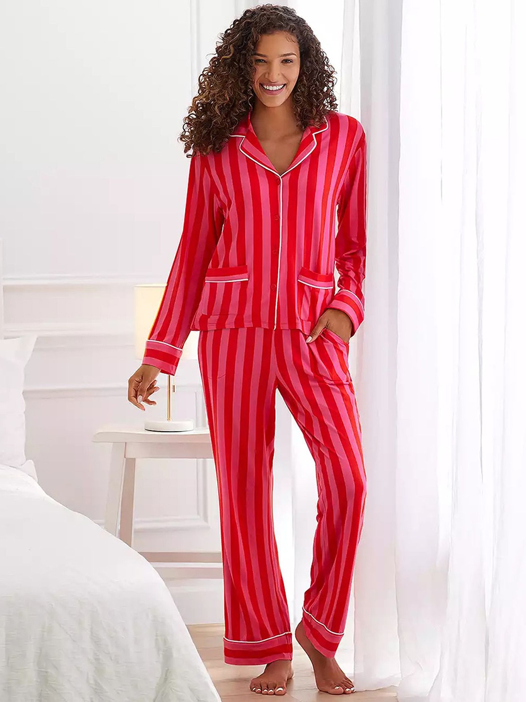 

LULU & SKY Women Striped Lapel Collar Night Suit, Red