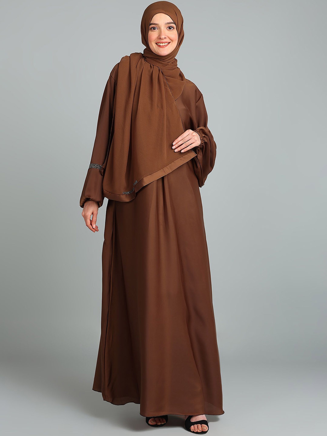 BROKE BRAND Solid Round Neck Abaya, Copper