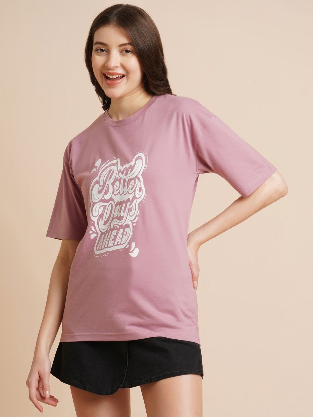 

DressBerry Women Typography Printed Round Neck Oversized T-shirt, Mauve