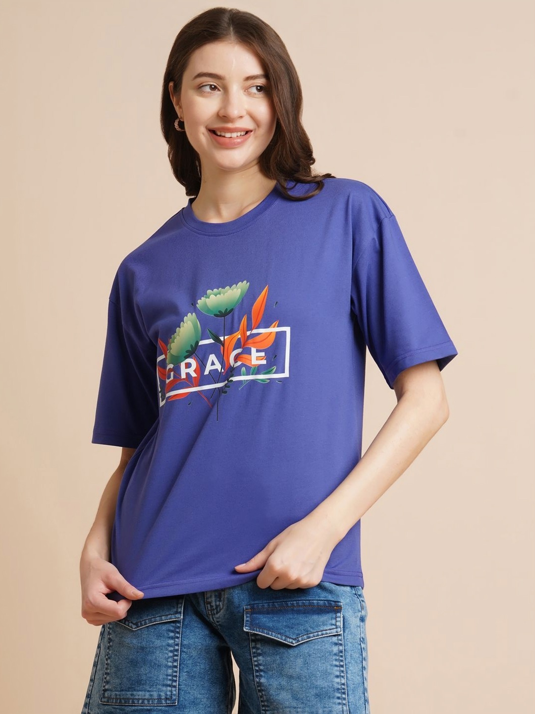 

DressBerry Women Floral Printed Round Neck Oversized T-shirt, Blue