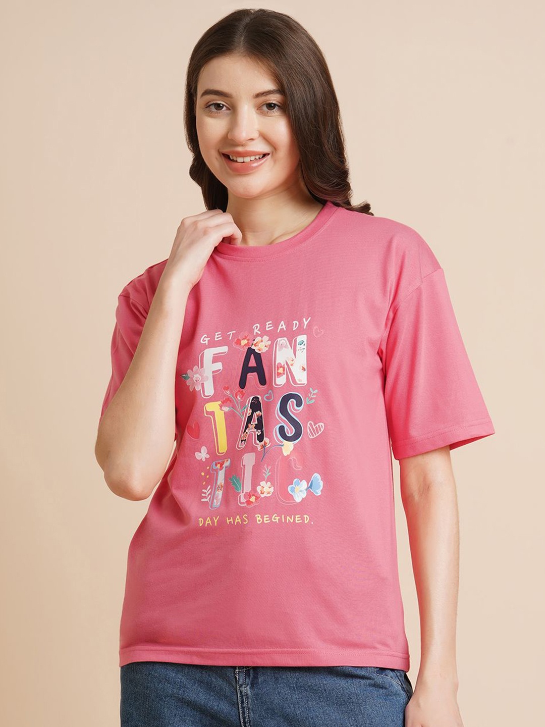 

DressBerry Women Typography Printed Round Neck Oversized T-shirt, Pink