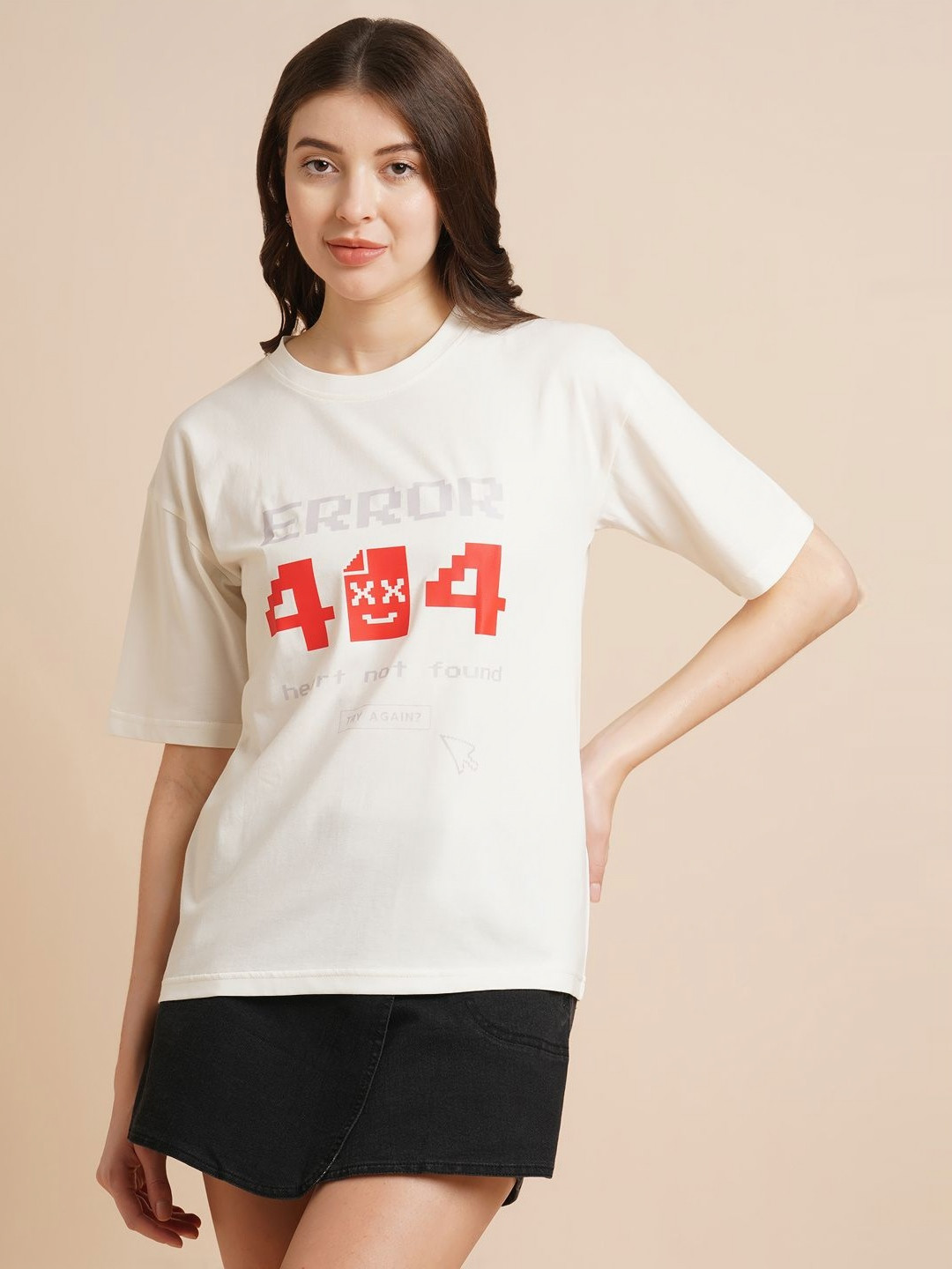 

DressBerry Women Typography Printed Round Neck Oversized T-shirt, White