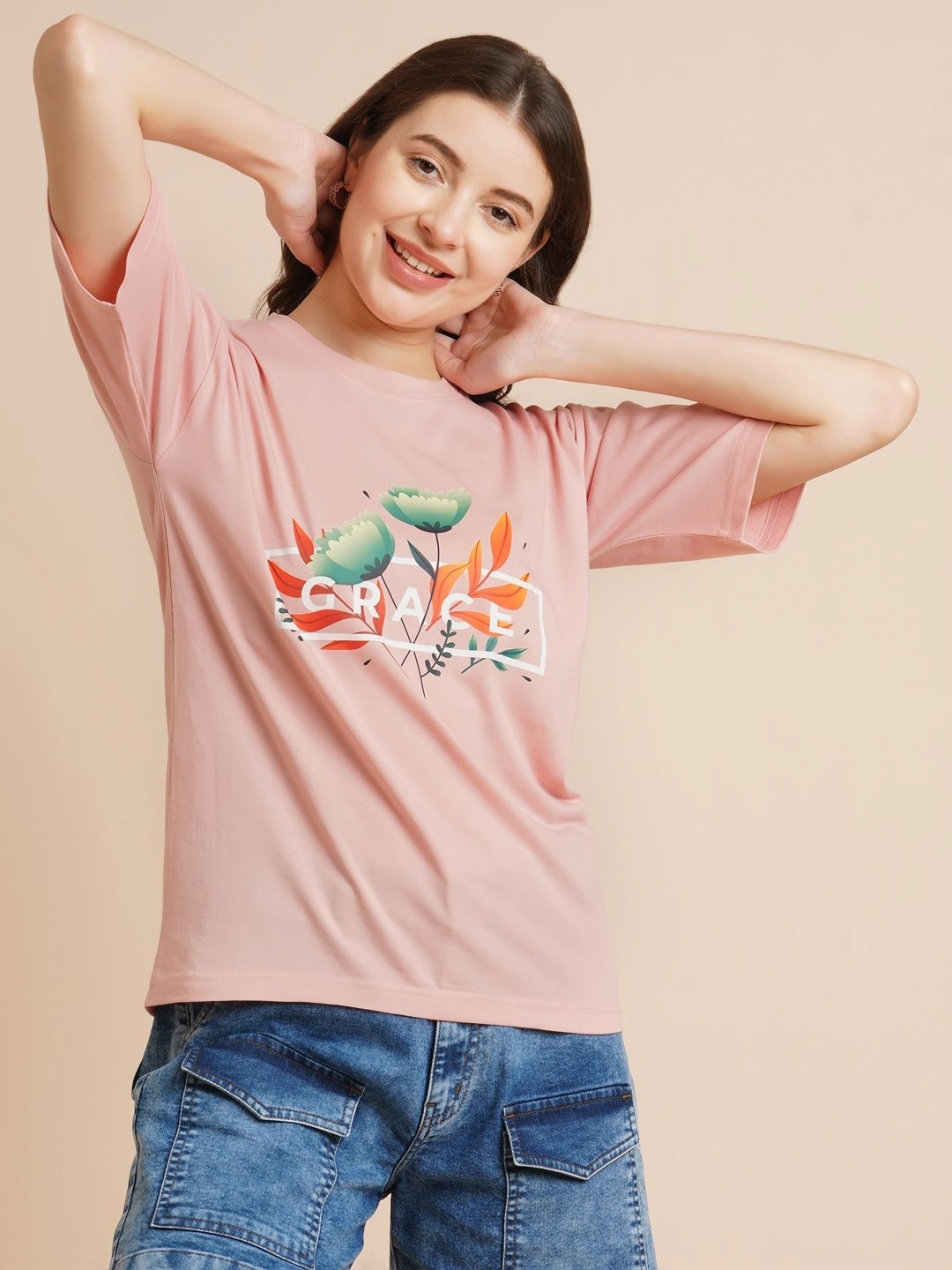 

DressBerry Women Typography Printed Pockets T-shirt, Peach
