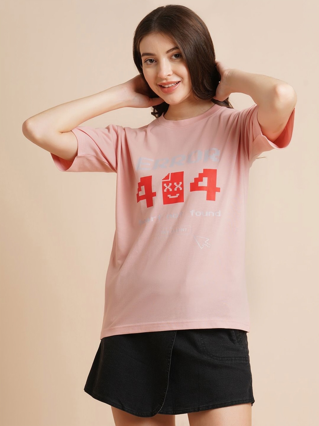 

DressBerry Women Typography Printed Round Neck Oversized T-shirt, Peach