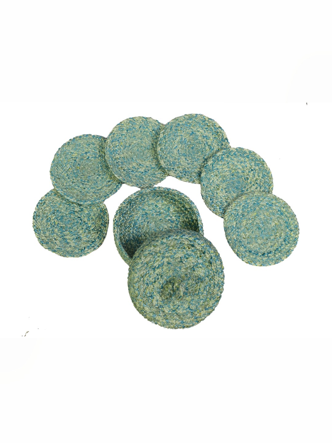 

LADLI JEE Turquoise Blue & Green 6 Pieces Round Textured Coasters With Lid Basket