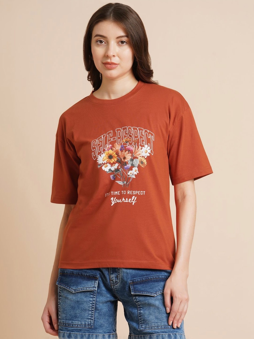 

DressBerry Women Floral Printed Round Neck Oversized T-shirt, Rust