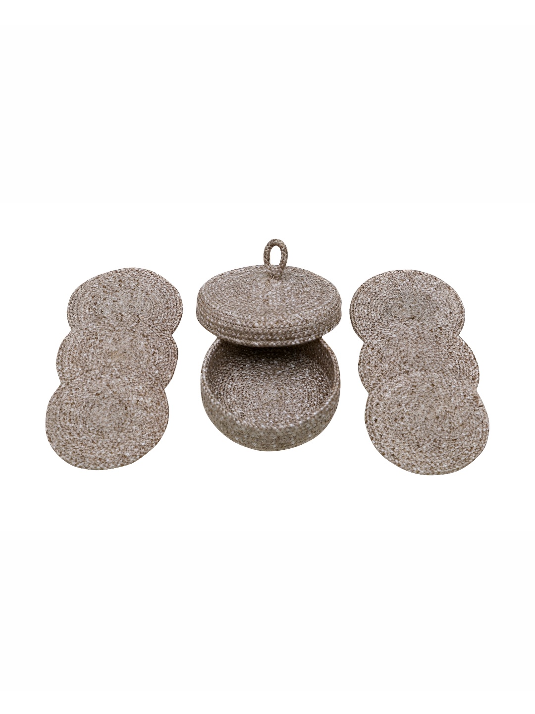 

LADLI JEE Beige 6 Pieces Textured Round Coasters With Lid Basket