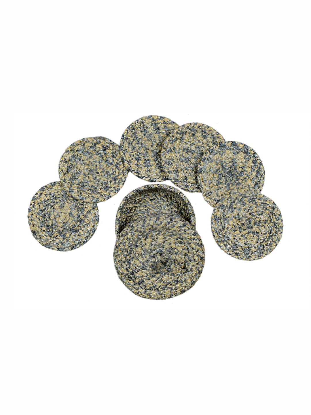 

LADLI JEE Yellow & Grey 7 Pieces Textured Round Coasters With Lid Basket