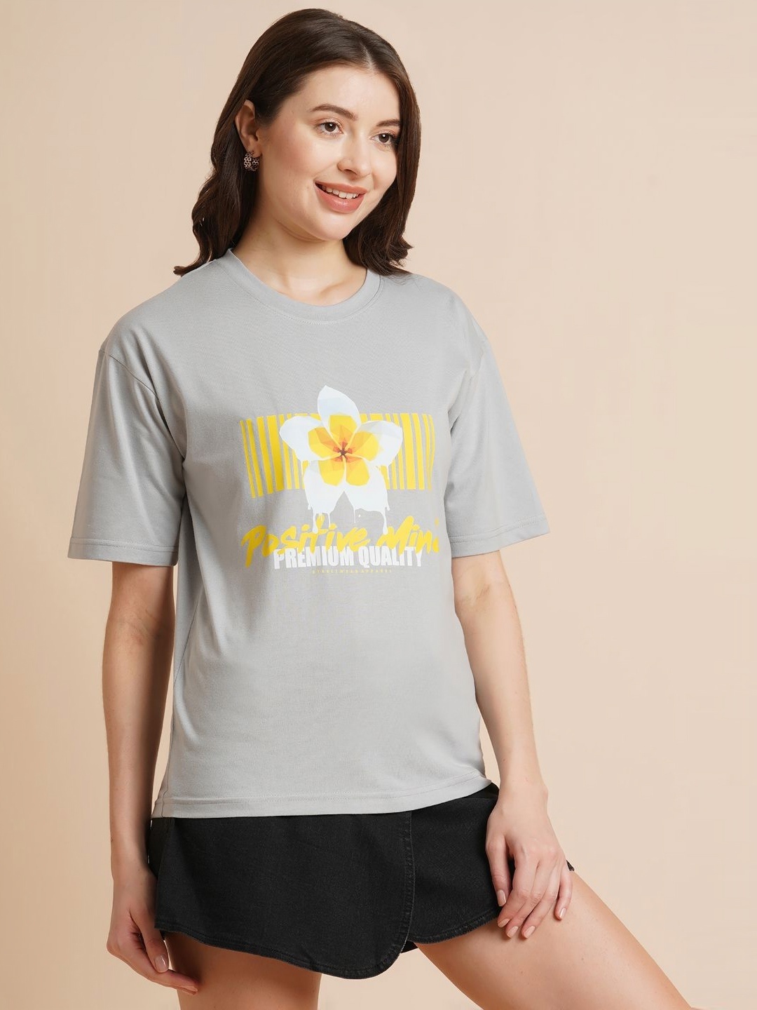 

DressBerry Women Typography Printed Round Neck Oversized T-shirt, Grey