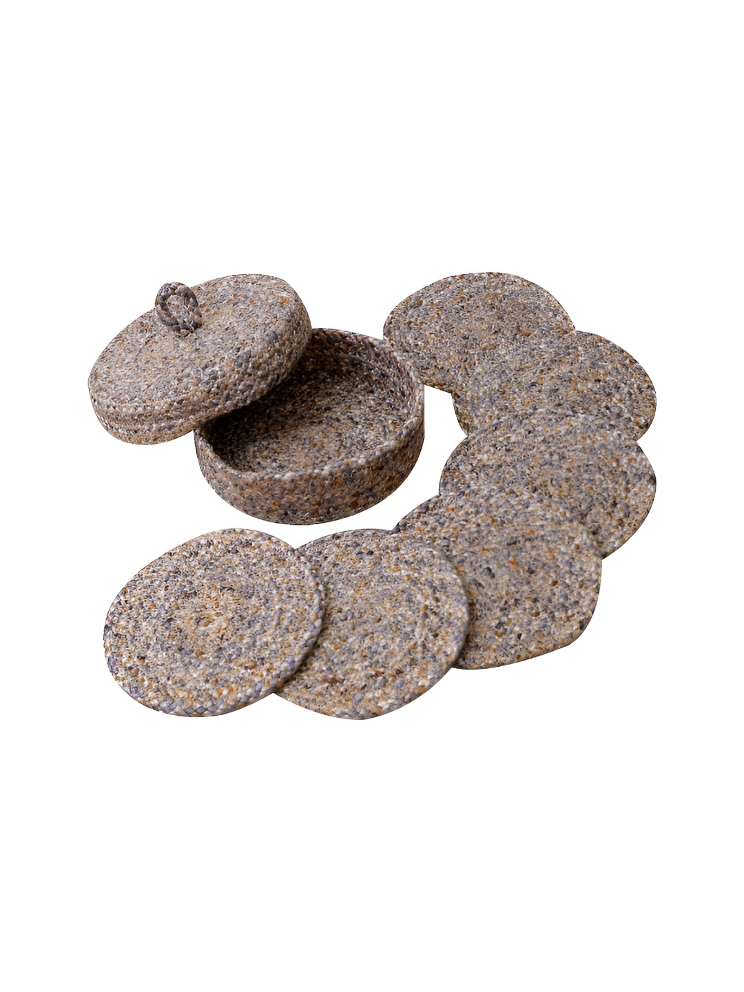 

LADLI JEE Brown & Grey 6 Pieces Textured Round Coasters With Lid Basket