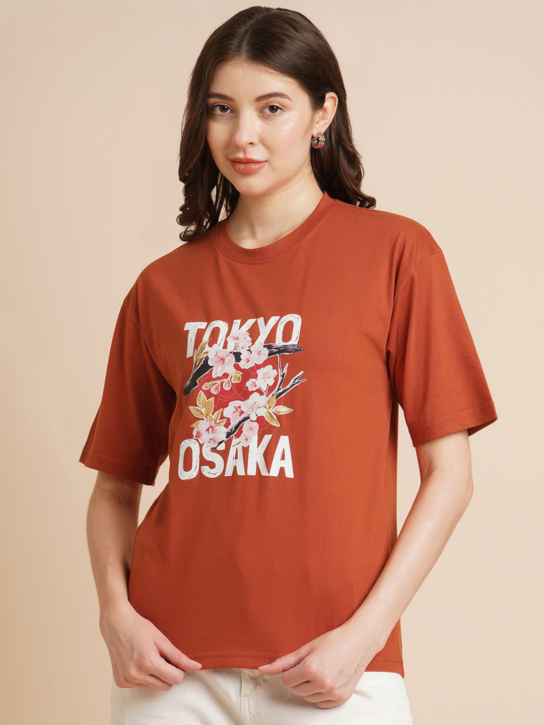 

DressBerry Women Typography Printed Round Neck Oversized T-shirt, Rust