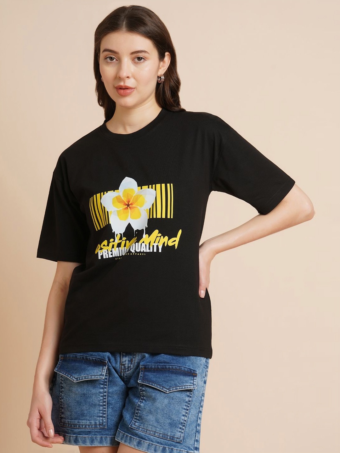 DressBerry Women Typography Printed Round Neck Oversized T-shirt, Black