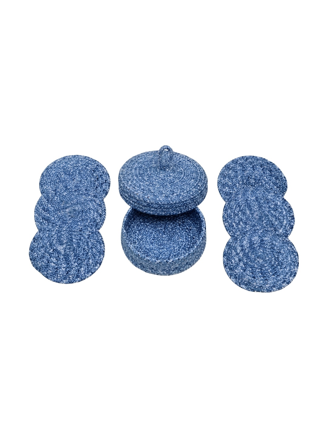 

LADLI JEE Blue & White 6 Pieces Round Textured Coasters With Lid Basket
