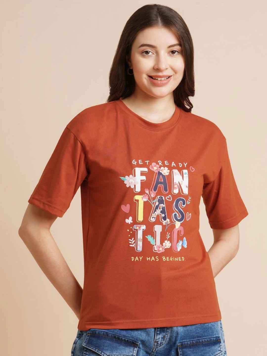 

DressBerry Women Typography Printed Round Neck Oversized T-shirt, Rust