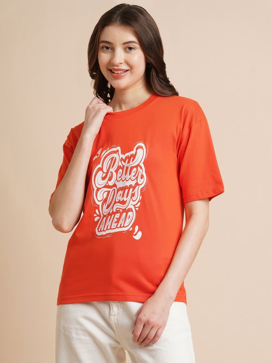 

DressBerry Women Typography Printed Round Neck Oversized T-shirt, Orange