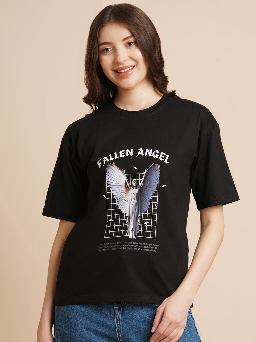 

DressBerry Women Graphic Printed Round Neck Oversized T-shirt, Black