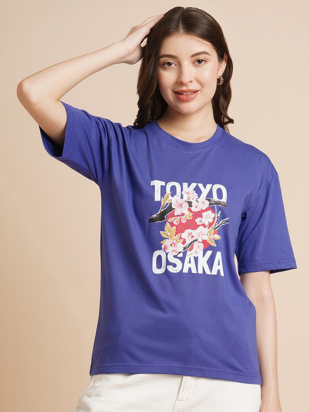 

DressBerry Women Typography Printed Round Neck Oversized T-shirt, Blue
