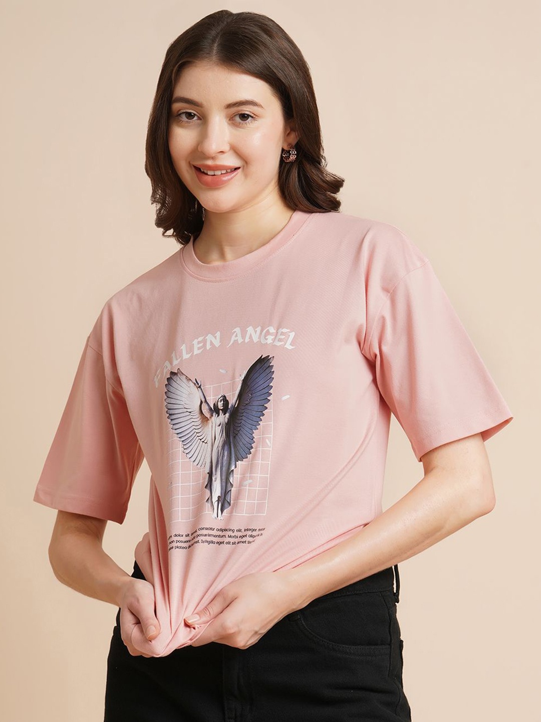 

DressBerry Women Graphic Printed Round Neck Oversized T-shirt, Peach