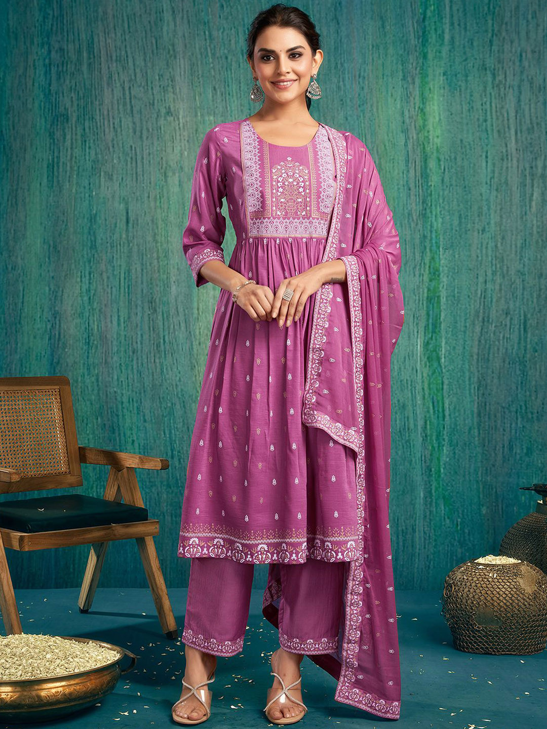 

KALINI Floral Printed Anarkali Kurta With Trousers And Dupatta, Pink
