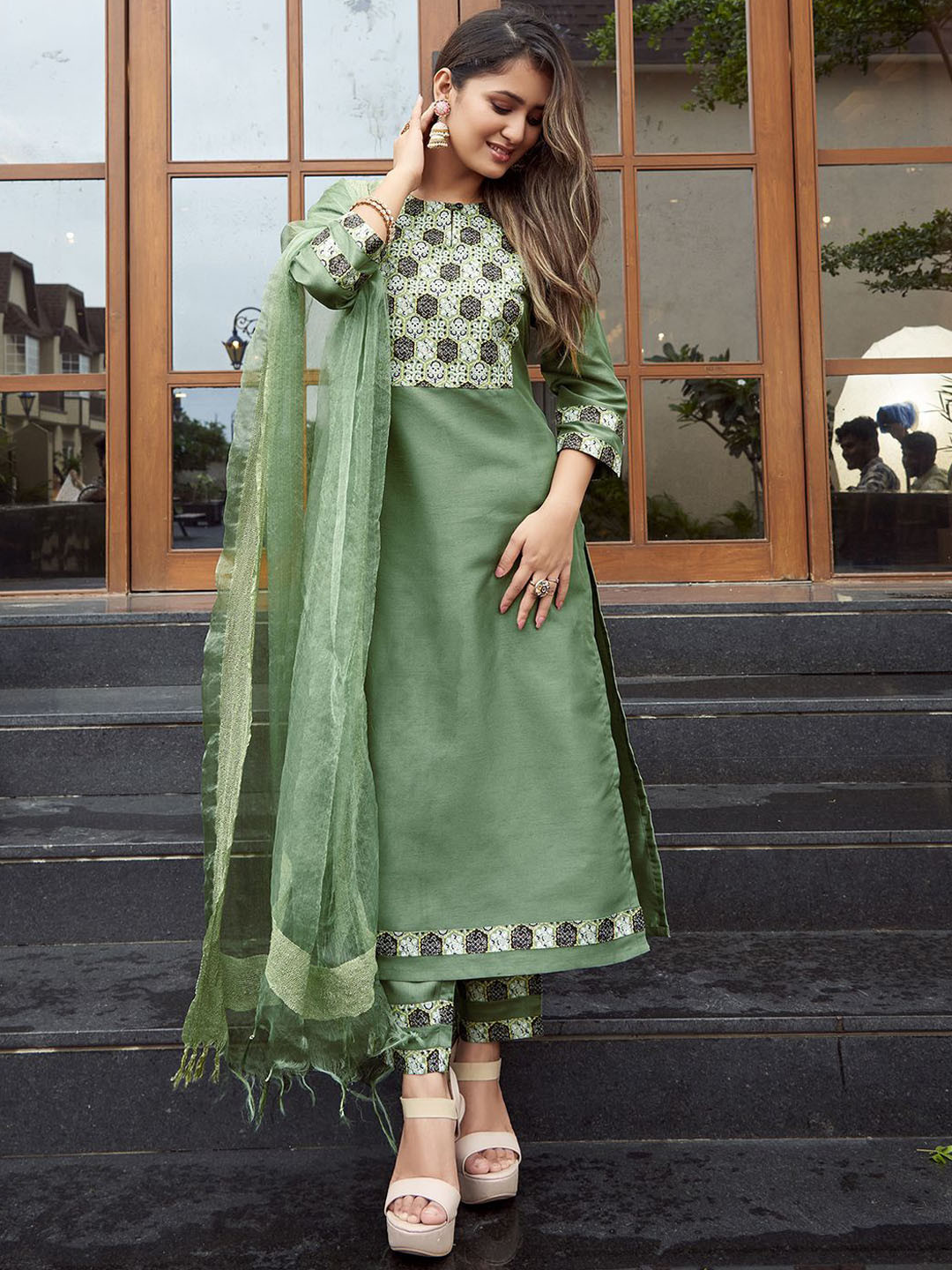 

KALINI Ethnic Motifs Printed Silk Blend Straight Kurta With Trousers And Dupatta, Green