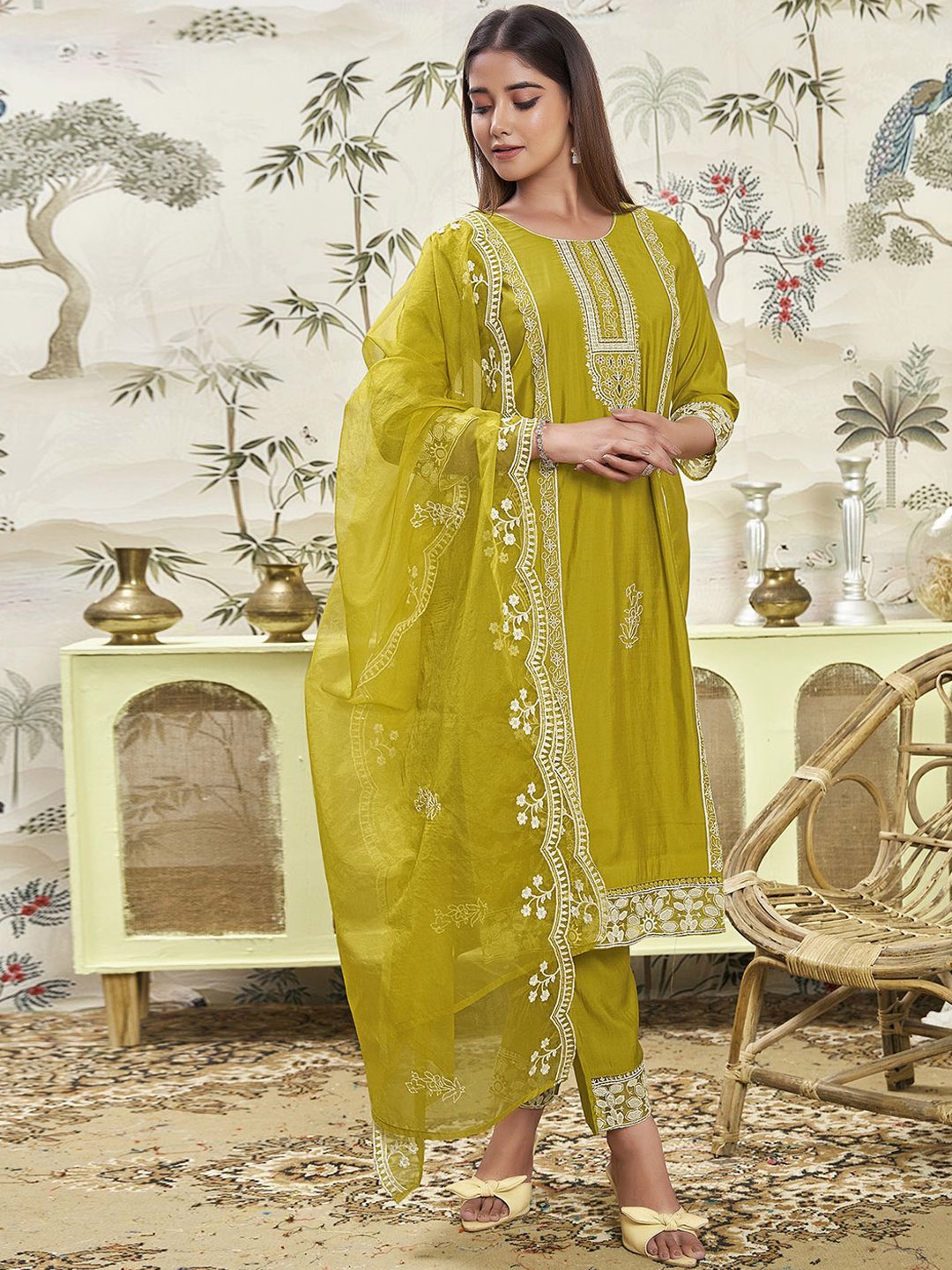 

KALINI Floral Embroidered Round Neck A-line Kurta With Trousers And Dupatta, Olive