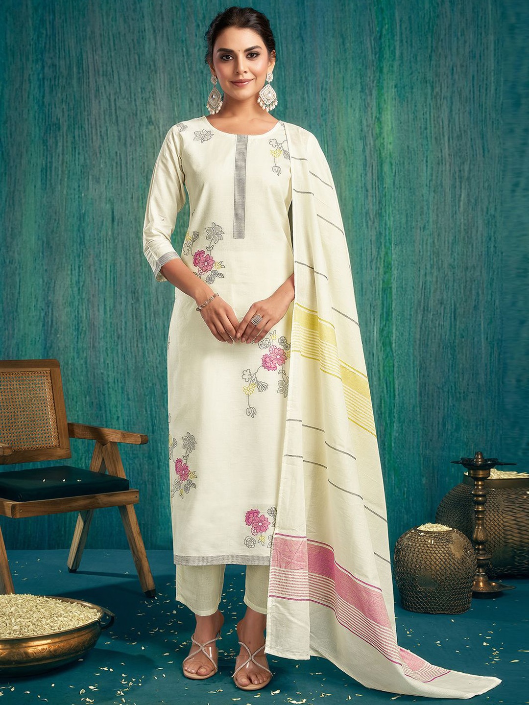 

KALINI Floral Printed Round Neck Straight Kurta with Trousers & Dupatta, Off white