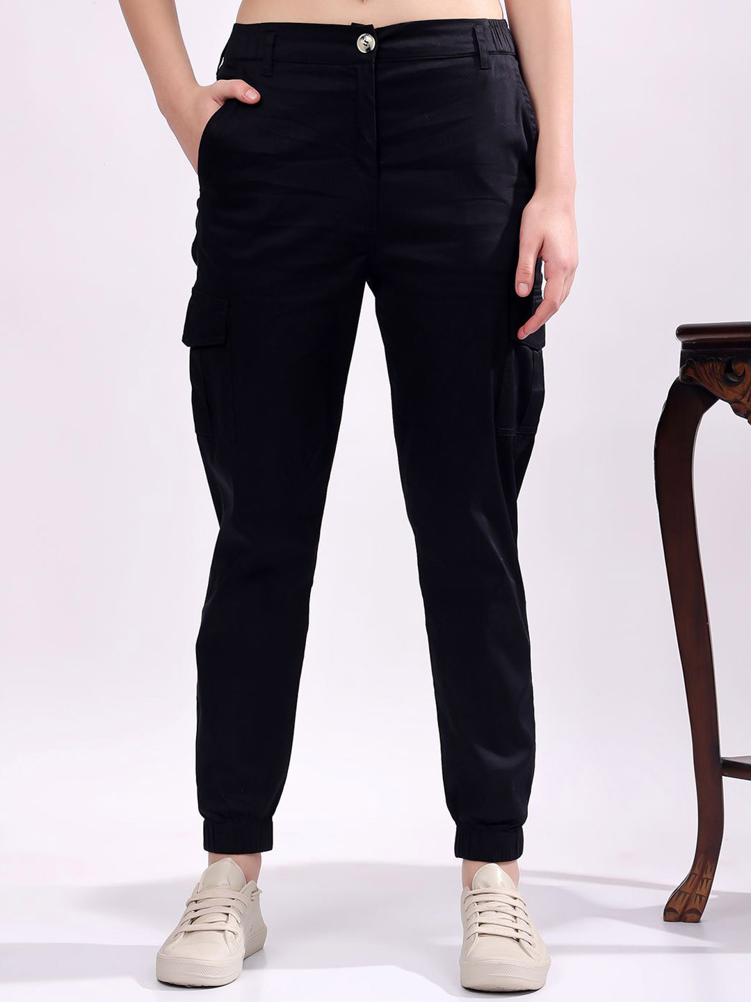

T TRYON ULTIMATE Women Pure Cotton Mid-Rise Cargo Joggers, Black