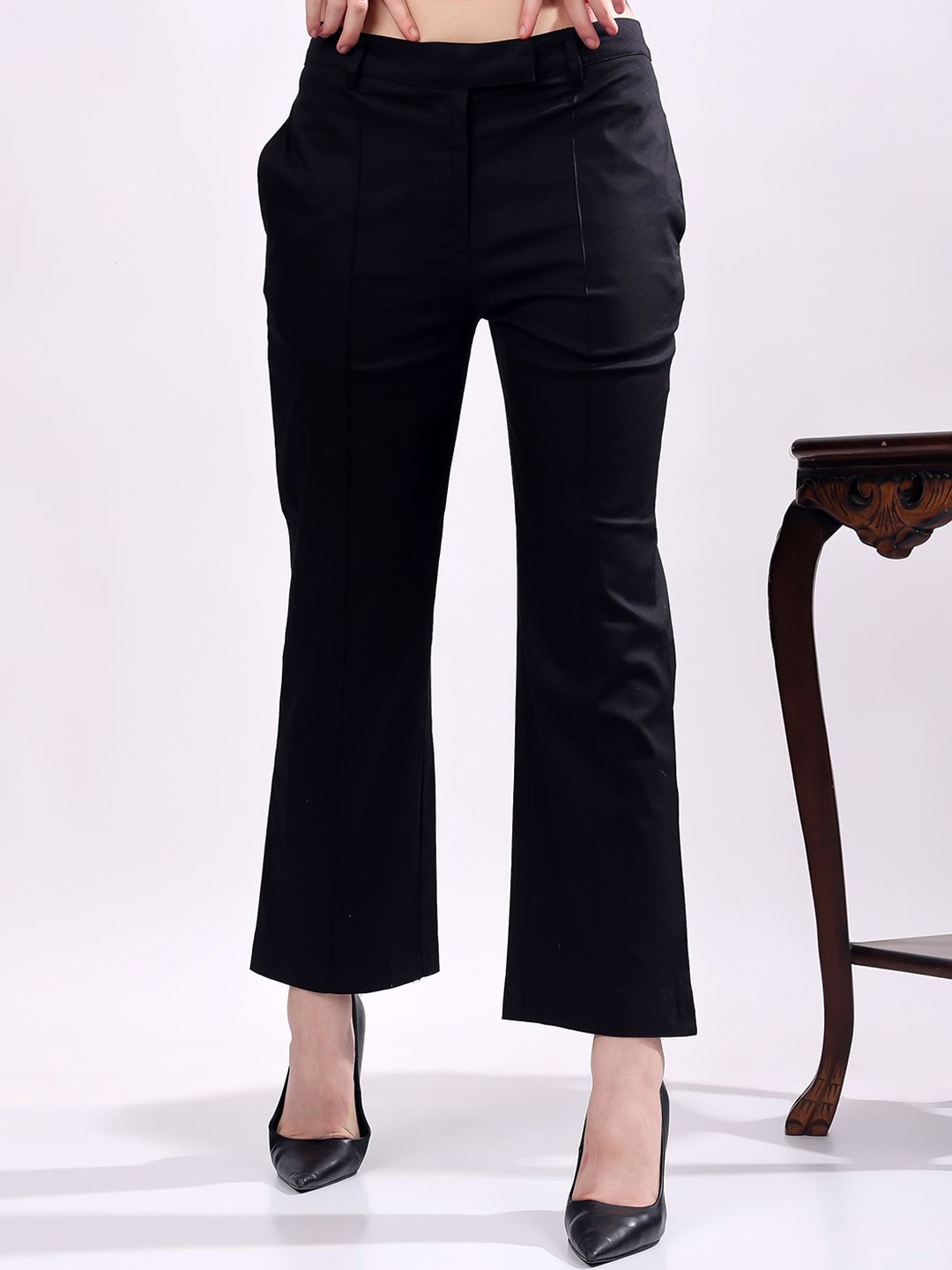 

T TRYON ULTIMATE Women Mid-Rise Pure Cotton Bootcut Trousers, Black
