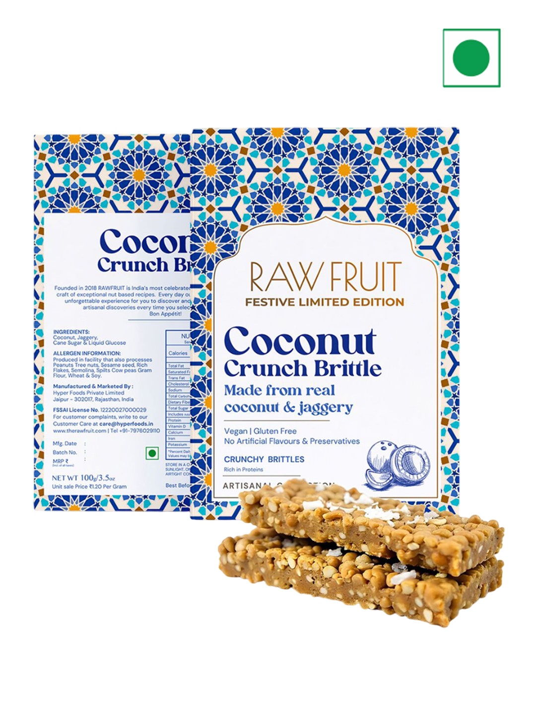 

RawFruit Set Of 2 Coconut Crunch Brittle With Greeting Card -100g Each, Blue