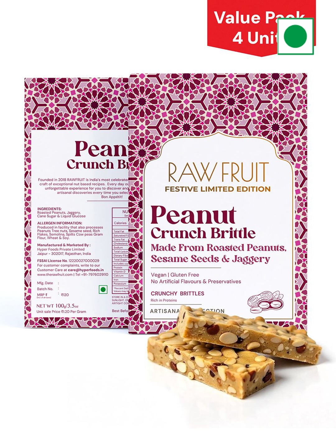 

RawFruit Set Of 4 Peanut Crunch Brittle With Greeting Card -100g Each, Pink