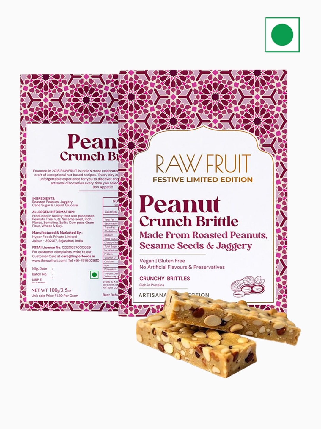 

RawFruit Set Of 6 Peanut Crunch Brittle With Greeting Card -100g Each, Pink