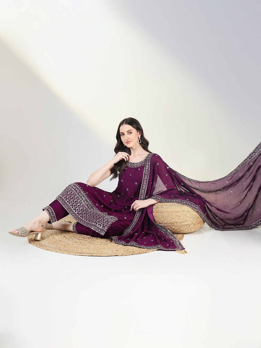 

SHOWOFF Floral Zari Embroidered Raw Silk Straight Kurta with Trousers & Dupatta, Purple