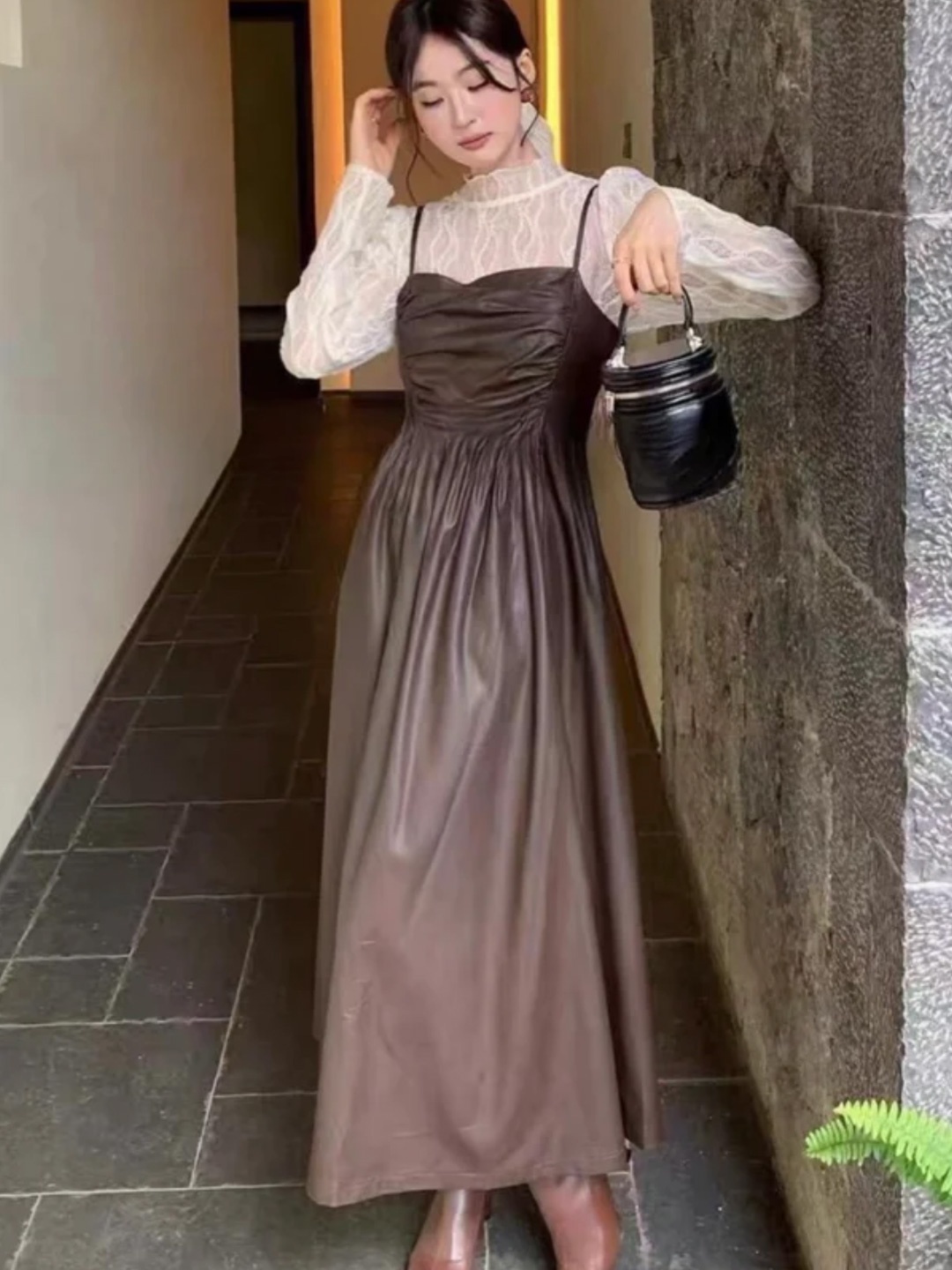 

PANKH PU Leather Long Maxi Dress, Brown