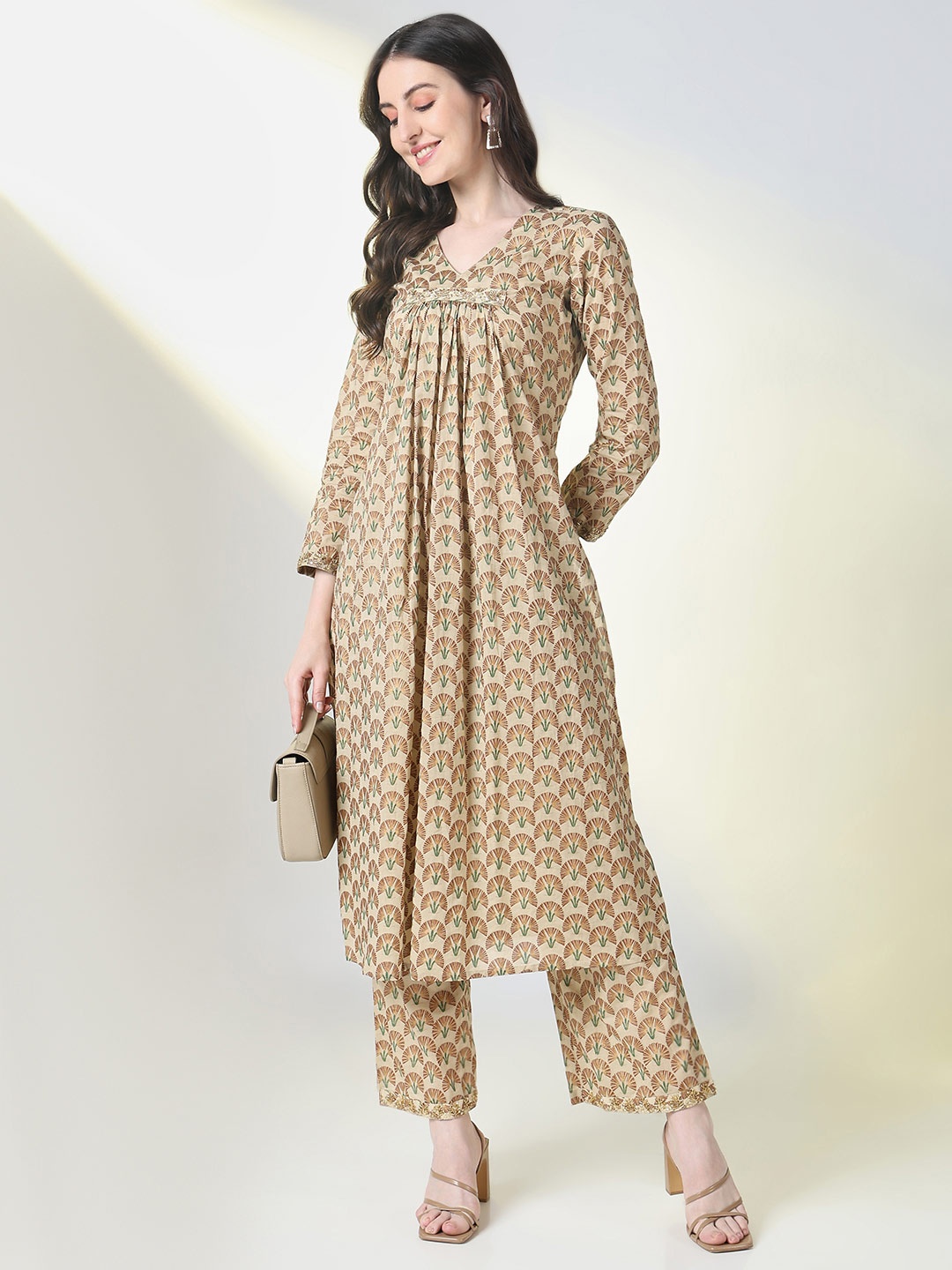 

SHOWOFF Floral Printed Sequinned V-Neck Empire Pleated Kurta with Palazzos, Beige