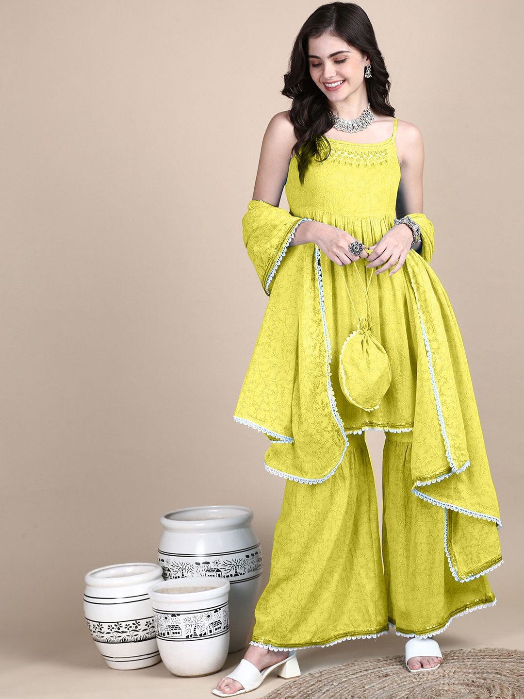 

SHOWOFF Floral Printed Embellished Kurti With Sharara & Dupatta, Yellow