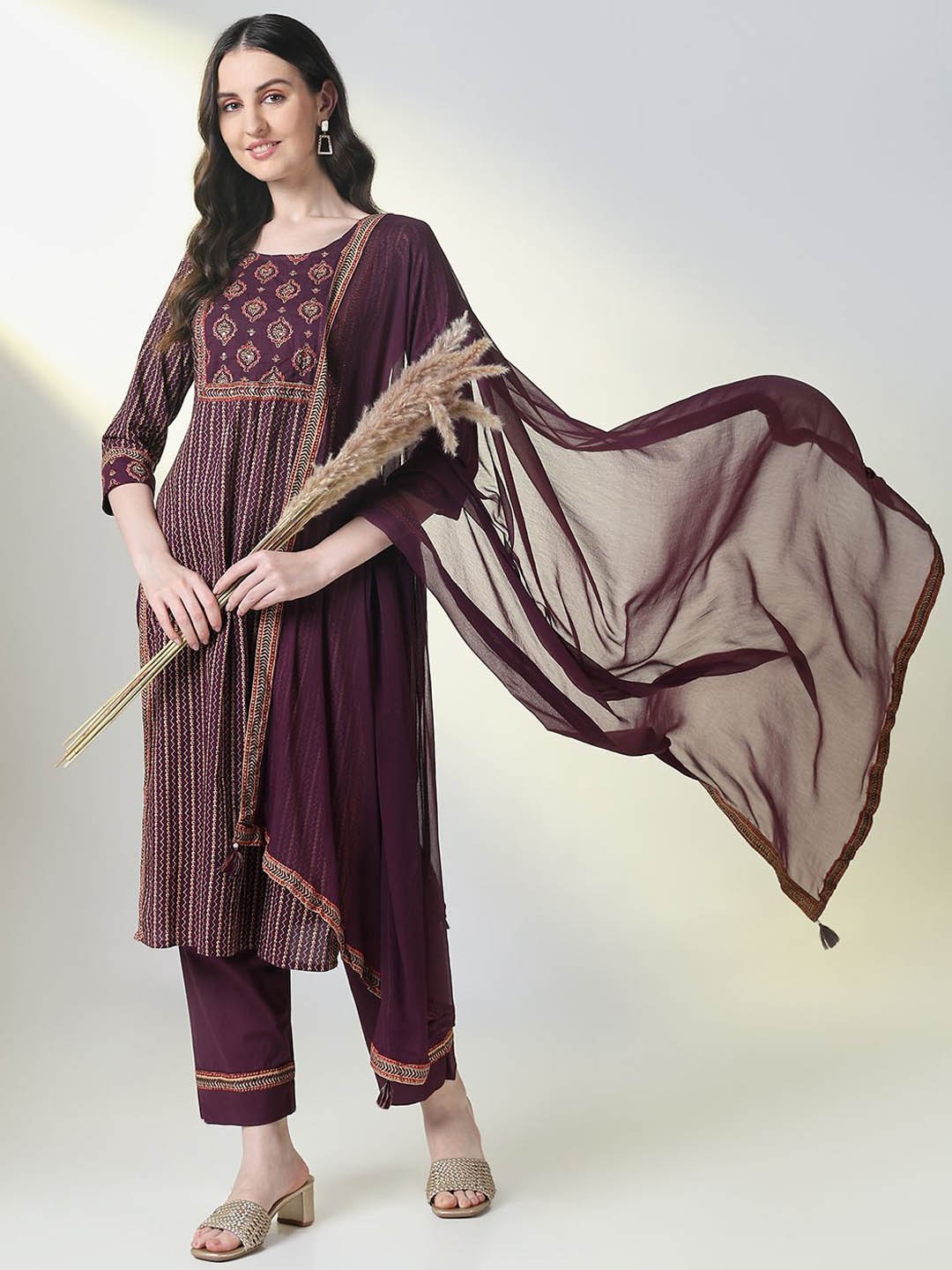 SHOWOFF Striped Printed Mirror Work Round Neck Kurta With Trousers And Dupatta, Purple