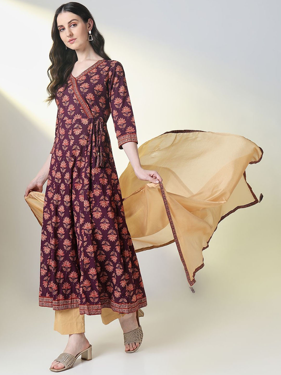 

SHOWOFF Ethnic Motifs Printed Angrakha Anarkali Kurta with Trousers & Dupatta, Purple