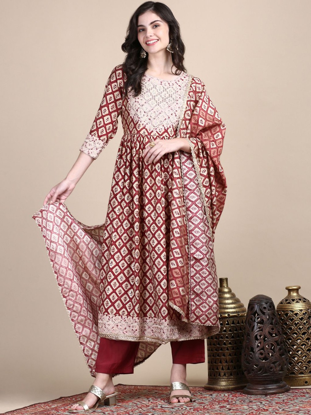 

SHOWOFF Ethnic Motifs Printed Zari Flared Kurta With Trouser & Dupatta, Maroon