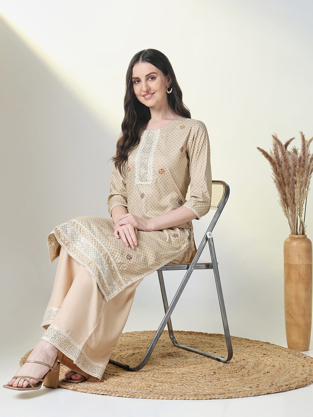 

SHOWOFF Geometric Printed Floral Embroidered Sequinned Kurta with Palazzos, Beige