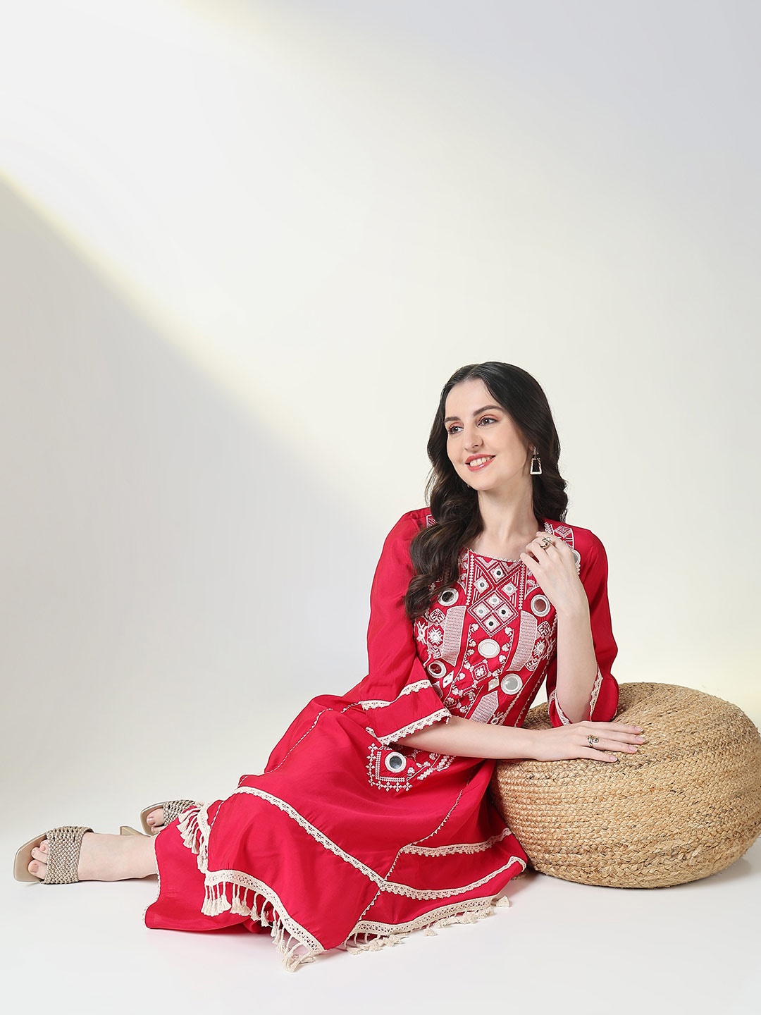 

SHOWOFF Ethnic Motifs Embroidered Mirror Work Raw Silk A-Line Kurta With Palazzo, Pink