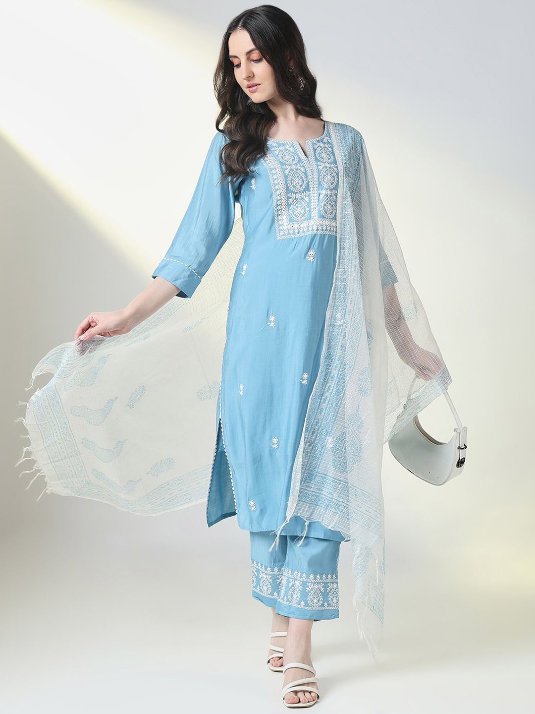 SHOWOFF Floral Embroidered Thread Work Raw Silk Straight Kurta With Trousers & Dupatta, Blue