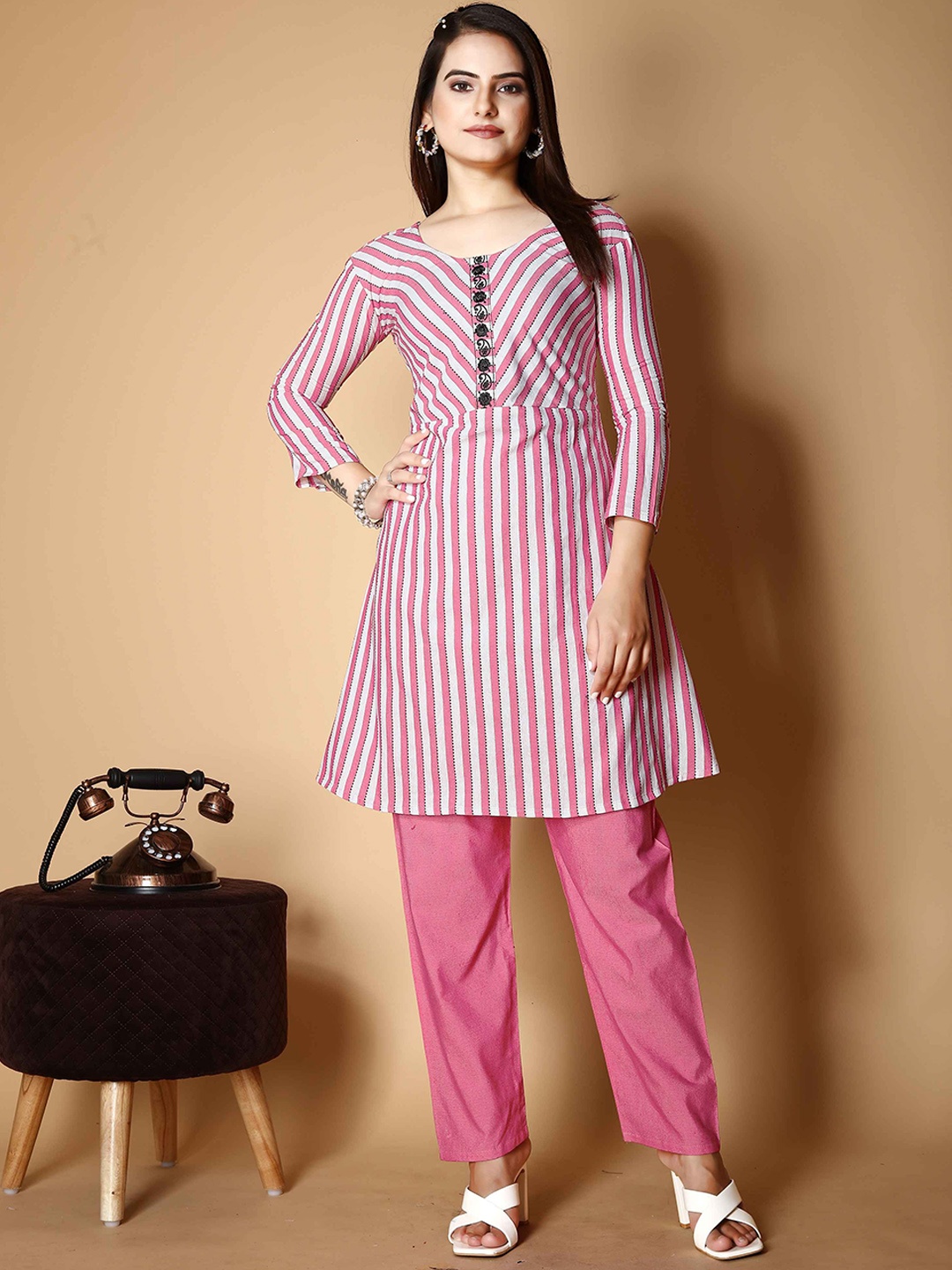 

Krimmple Striped Pure Cotton Empire Straight Kurta with Trousers, Pink