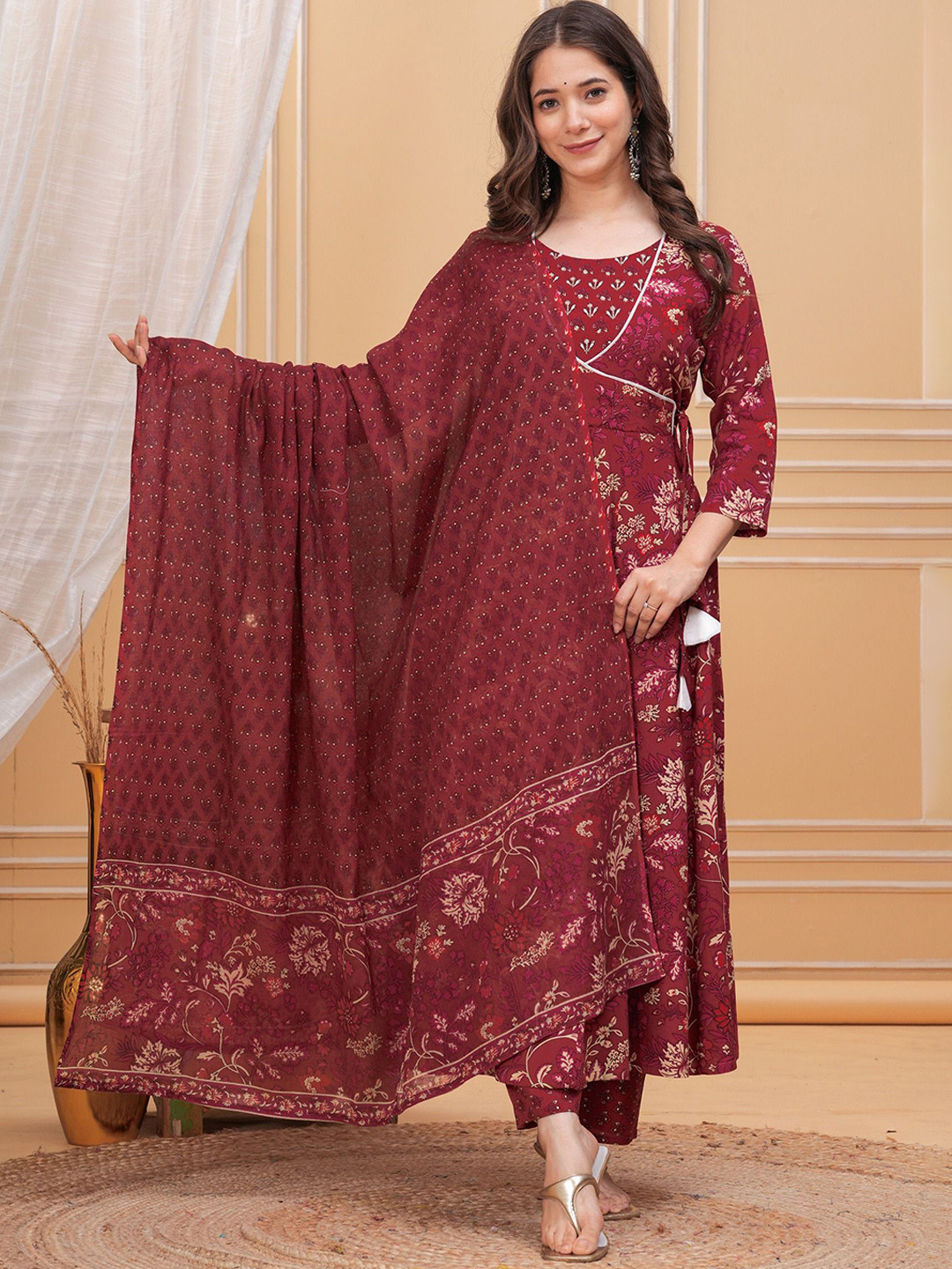

PARTHVI Floral Printed Angrakha Pure Cotton Anarkali Kurta With Trousers & Dupatta, Maroon