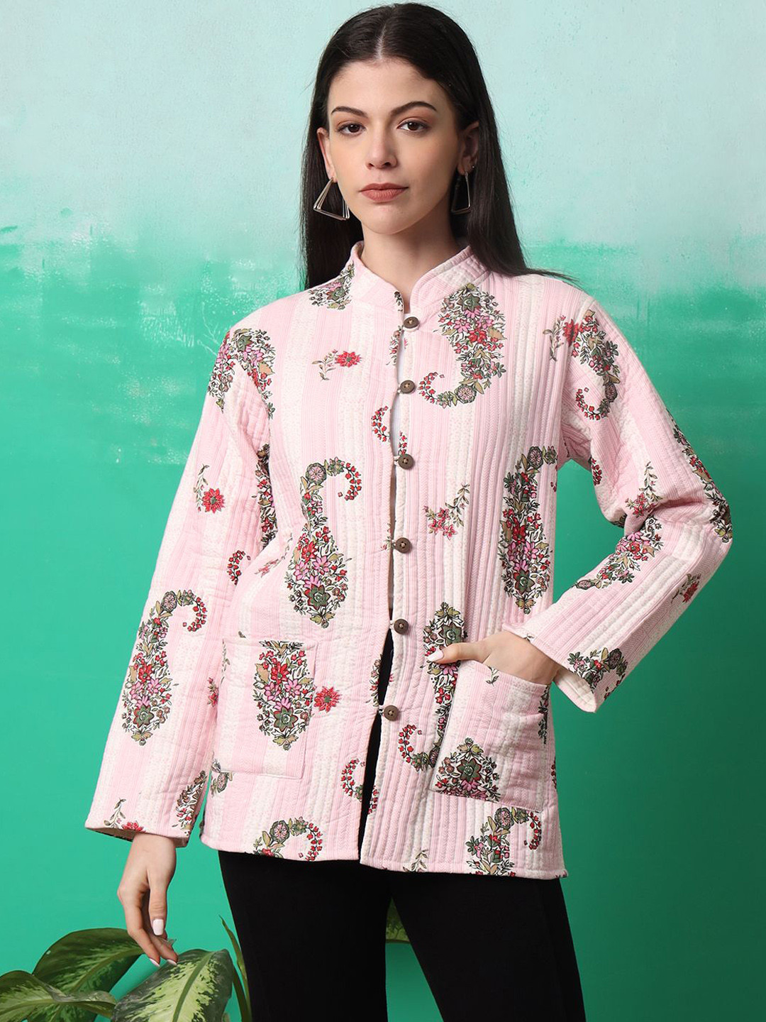 

Sangria Women Mandarin Collar Floral Printed Cotton Casual Tailored Jacket, Pink