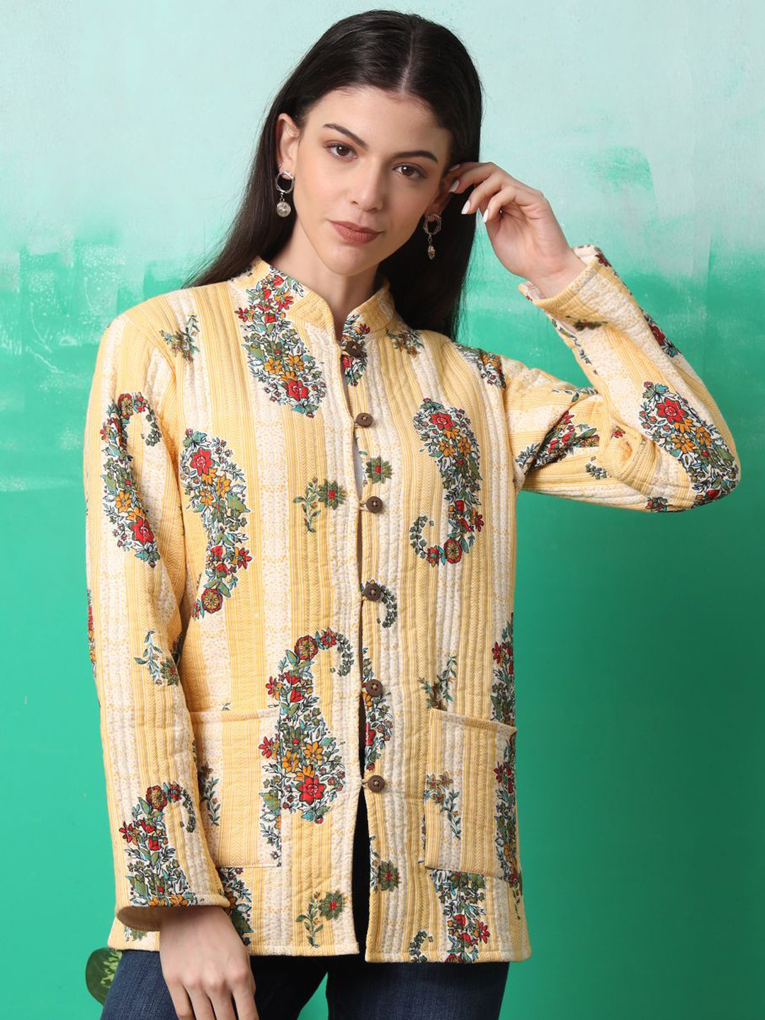 

Sangria Women Floral Printed Pure Cotton Tailored Jacket, Yellow
