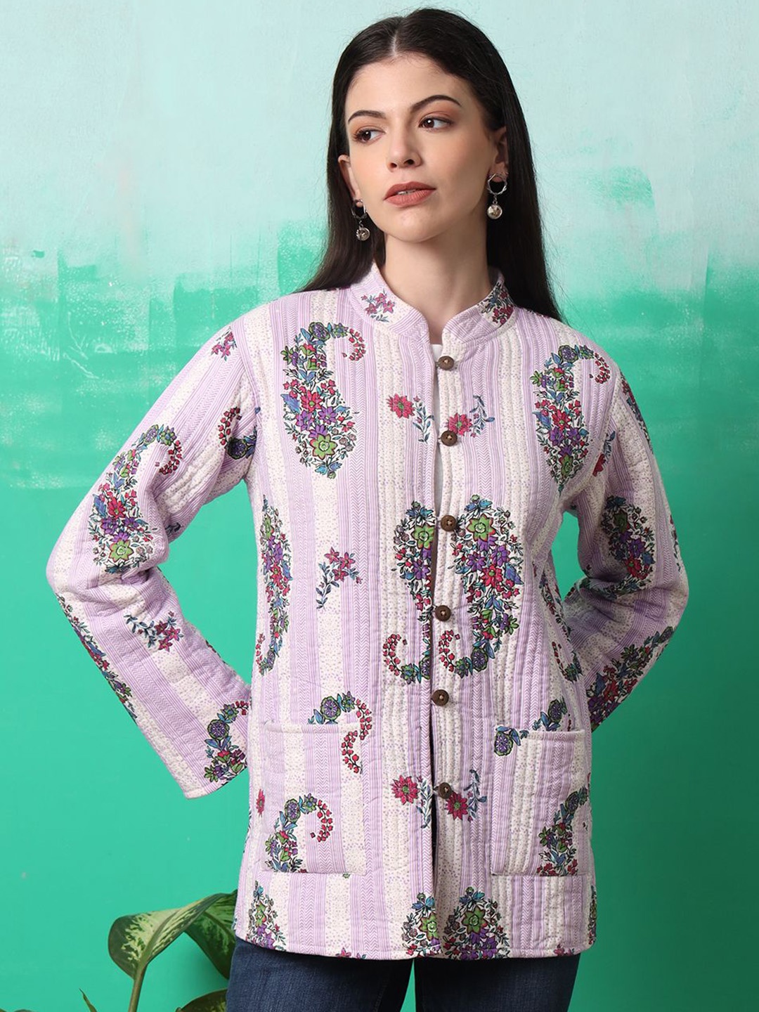 

Sangria Women Stand Collar Floral Printed Cotton Casual Tailored Jacket, Purple