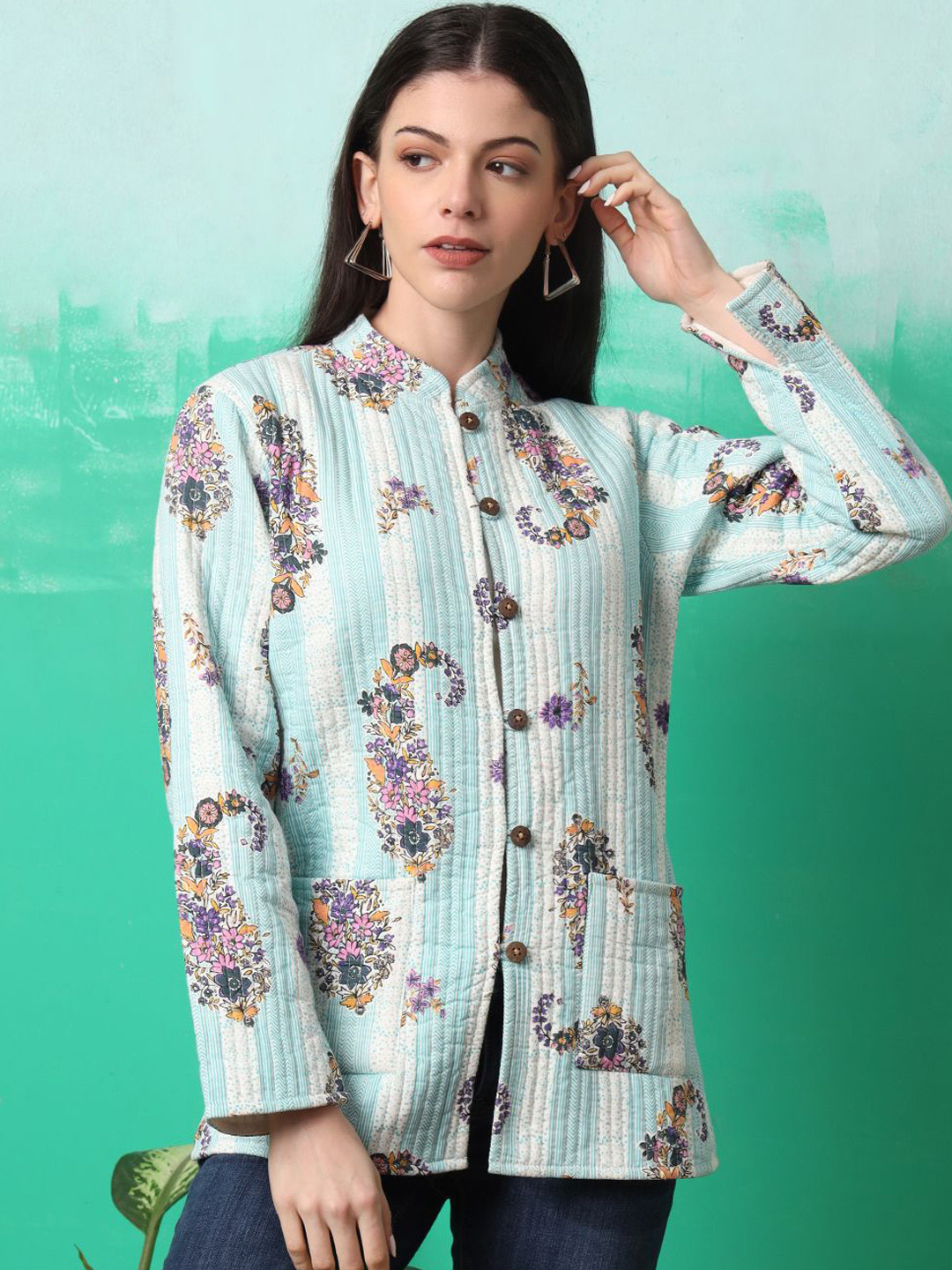 

Sangria Women Floral Printed Cotton Tailored Jacket, Blue
